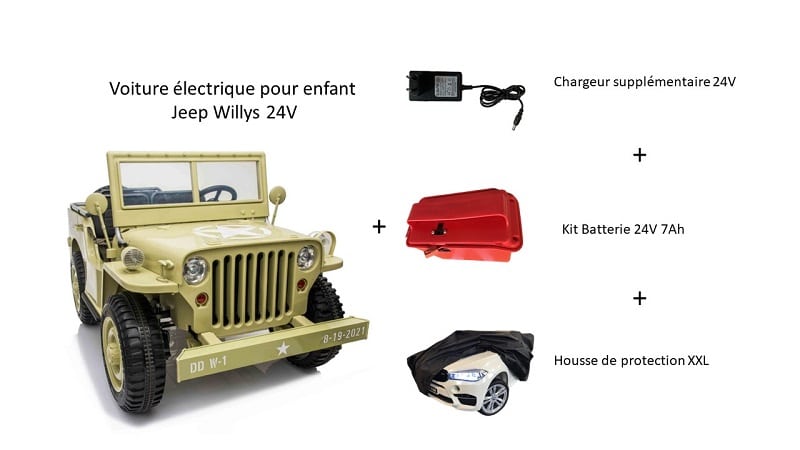 Pack batterie 24V complet pour Jeep Willys 3 places + Chargeur 24V